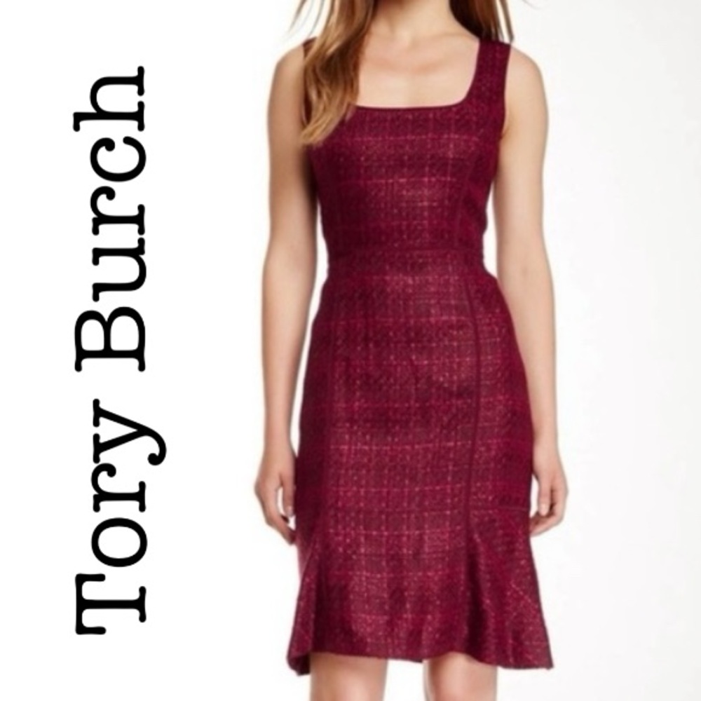 Tory Burch Drew Dark Plum Fit Flare Tweed Dress Size 0